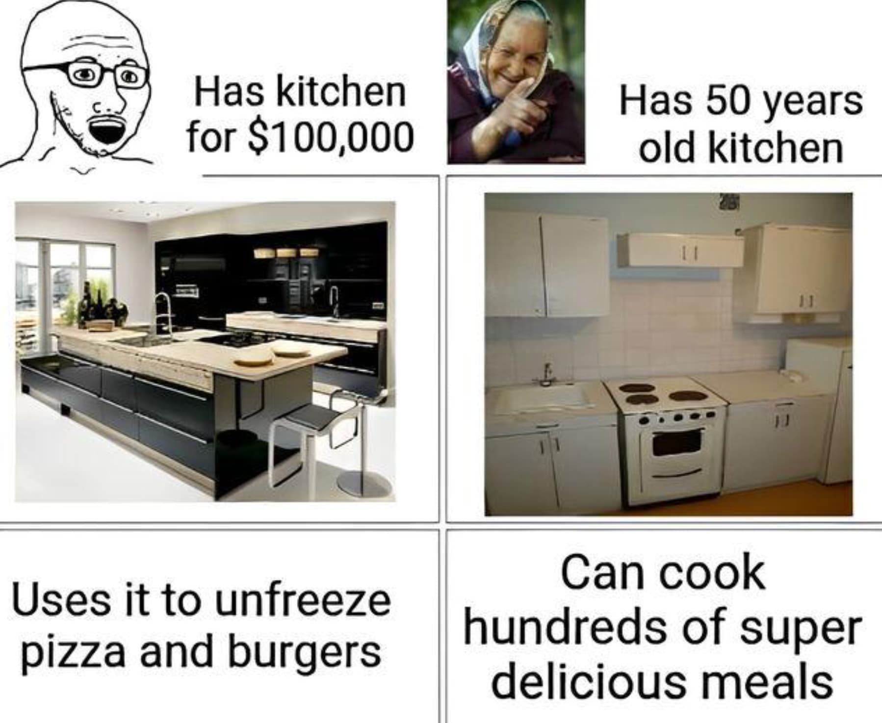 slavic kitchen meme - Has kitchen for $100,000 Has 50 years old kitchen Can cook 11 Uses it to unfreeze pizza and burgers hundreds of super delicious meals